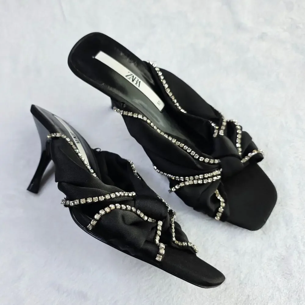 ZARA Satin Mule Heels EU 37 6.5 Black Rhinestone Bow Slip-On Glam Coquette Y2K